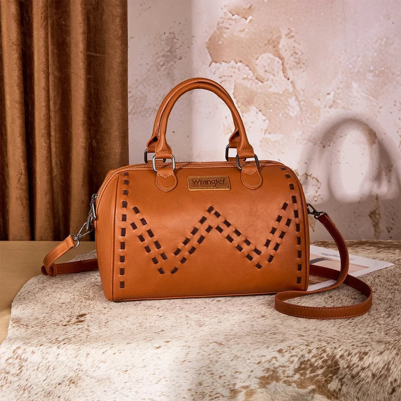 Wrangler brown Western satchel bag with woven detailing, double handles and adjustable crossbody strap