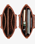 Two overhead views of an open brown leather handbag on a light gray background, showing the interior layout and storage compartments. The left view shows the empty interior lining, and the right view shows the interior with various items like notebooks, a green jade pendant, and a black case inserted.