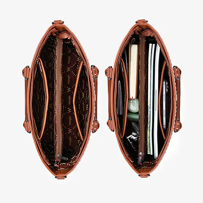 Two overhead views of an open brown leather handbag on a light gray background, showing the interior layout and storage compartments. The left view shows the empty interior lining, and the right view shows the interior with various items like notebooks, a green jade pendant, and a black case inserted.
