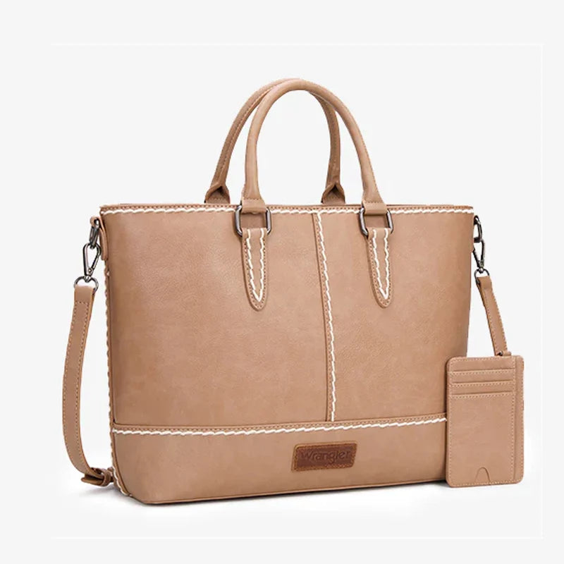 Wrangler Classic Stitch Tote in khaki with contrast stitching, detachable shoulder strap and matching cardholder