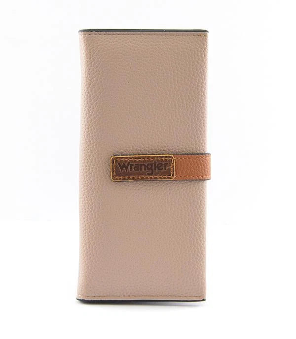 Wrangler taupe long wallet with contrasting logo tab and button closure