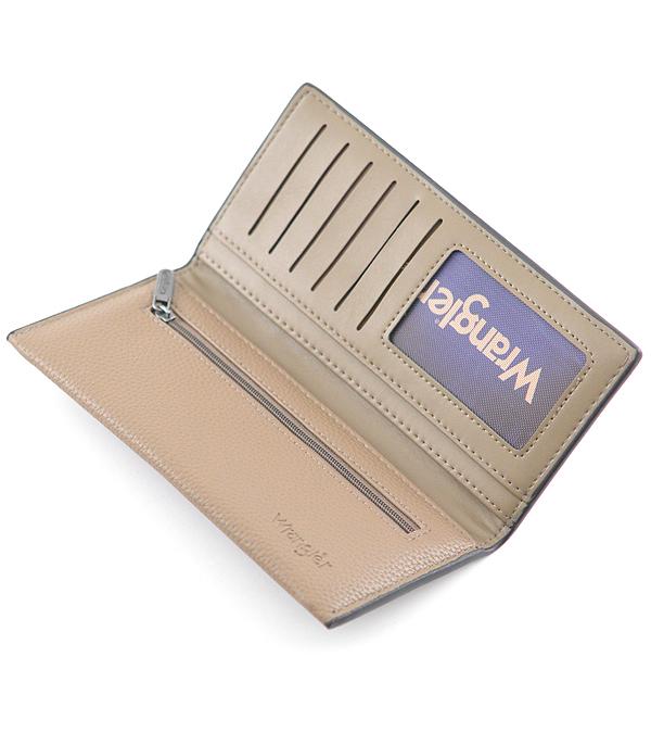 Interior of Wrangler taupe long wallet with card slots, ID window and zippered compartment
